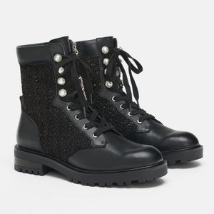 RARE NWT ZARA Tweed Pearl Leather Combat Boot